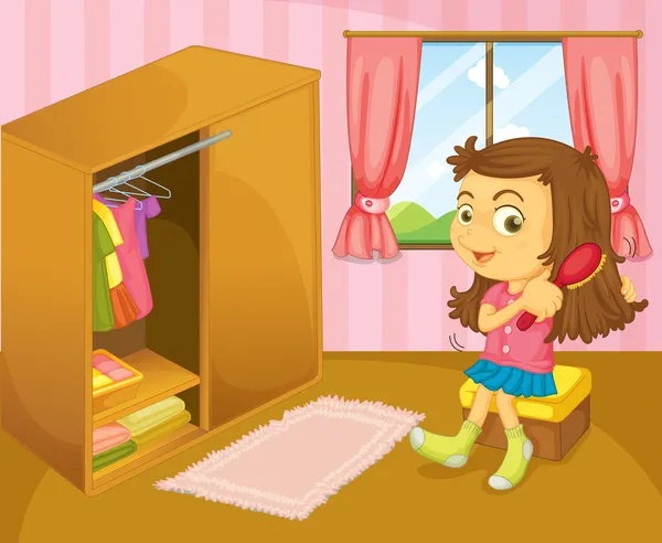 Дівчина чистить волосся всередині своєї кімнати — стоковий вектор