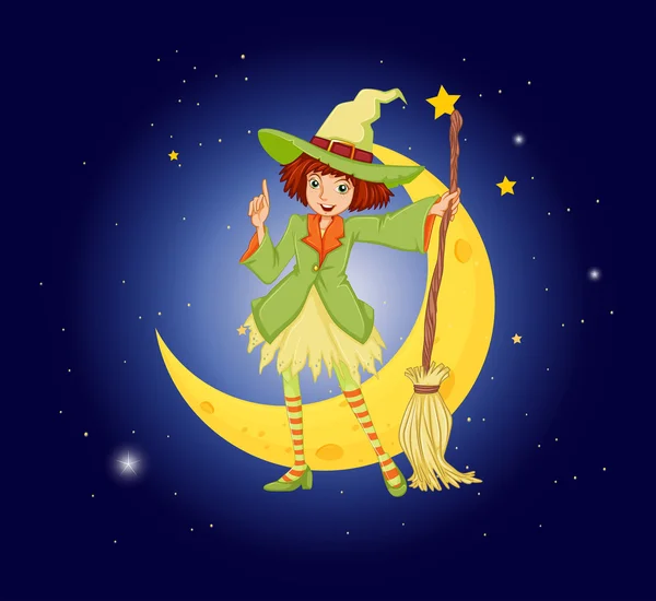 A young witch near the moon — Stock Vector