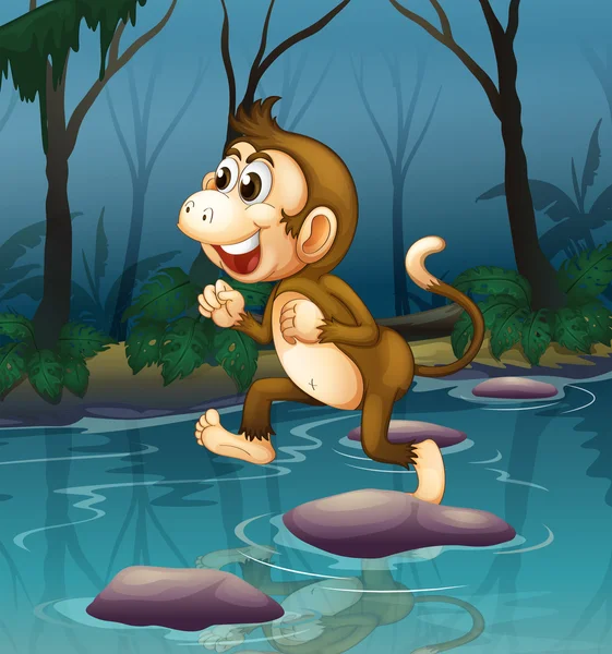 Seekor monyet tersenyum saat menyeberangi sungai - Stok Vektor