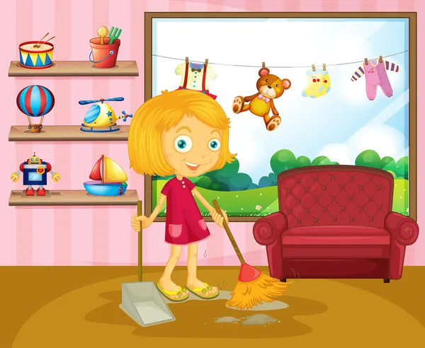 A girl sweeping inside the house — Stock Vector