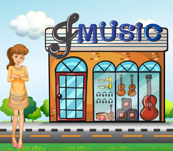A girl near the music shop — Stock Vector