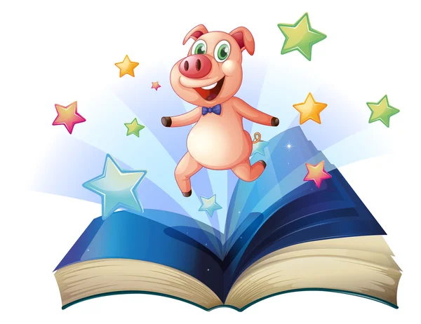 An open book with a pig jumping happily — Stock Vector