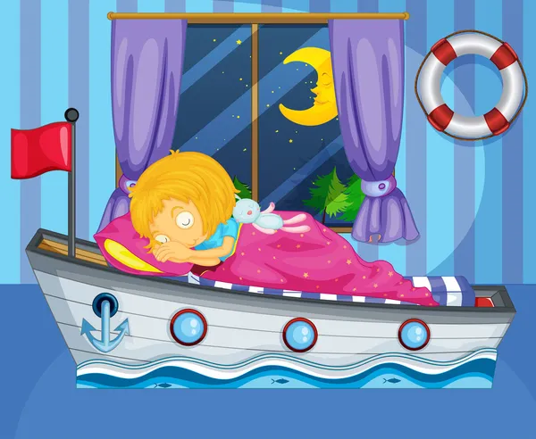 Девушка спит на кровати, похожей на лодку. — стоковый вектор