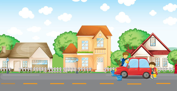 A boy helping his father cleaning the car