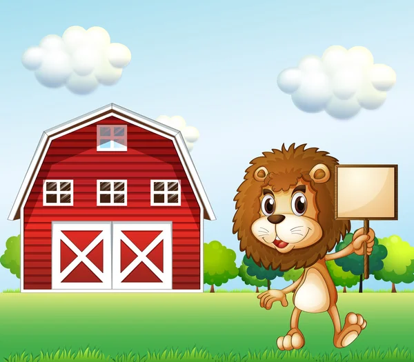A lion near the barn holding an empty signboard — Stock Vector