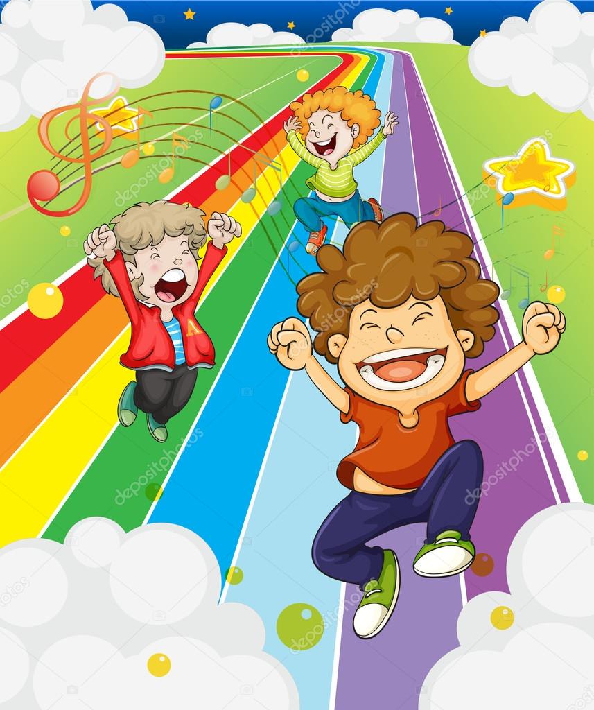 Happy children at the colorful road