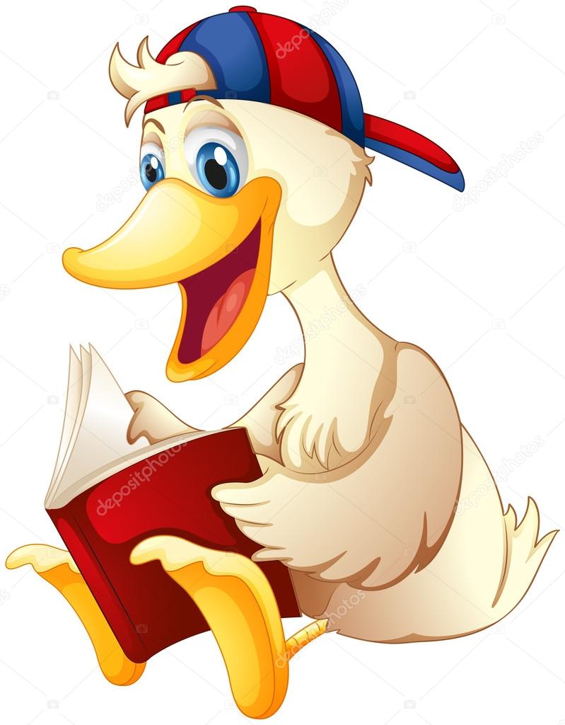 A happy duck reading a book