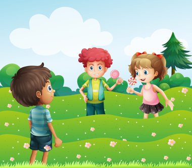 Three kids at the top of the hills clipart