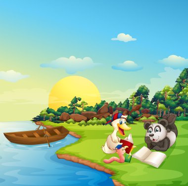 solucan, ördek ve bir panda nehir kıyısına okuma