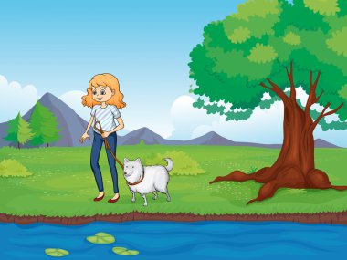 nehrin kıyısında yürüyen bir köpek olan bir kadın