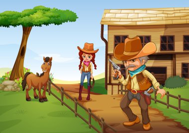 bir kovboy ve silahlı bir kovboy barnhouse yakın