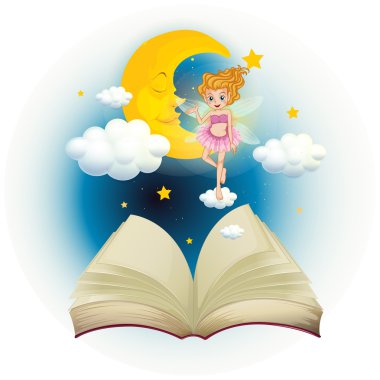 sevimli peri ve uyuyan bir ay ile açık bir kitap
