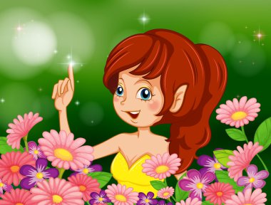 pembe ve mor çiçekli bahçe içinde güzel bir peri