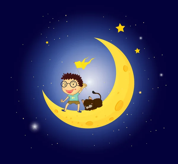 Un niño y su mascota en la luna — Vector de stock