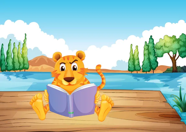 Серйозний тигр читає книгу на дошці для дайвінгу — стоковий вектор