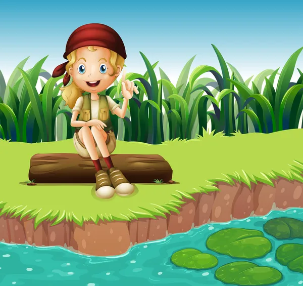 木製の川沿いに座っている女の子 — ストックベクタ