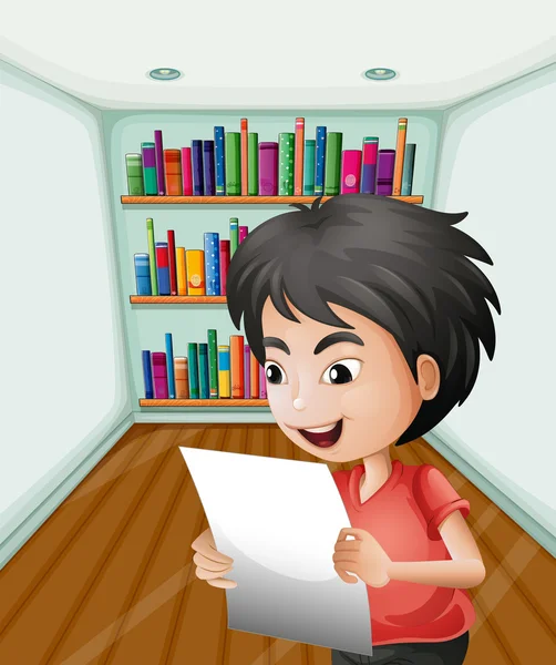 En pojke som håller ett papper inne i rummet — Stock vektor