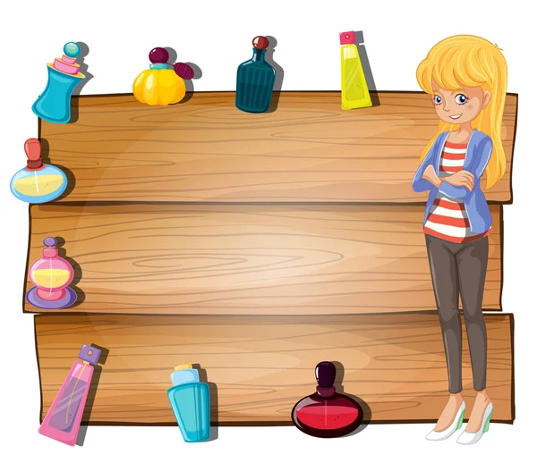 Uma tabuleta vazia com uma menina e garrafas de perfumes — Vetor de Stock