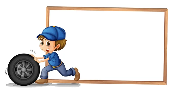 A boy pushing a wheel with an empty blankboard at the back — Stock Vector