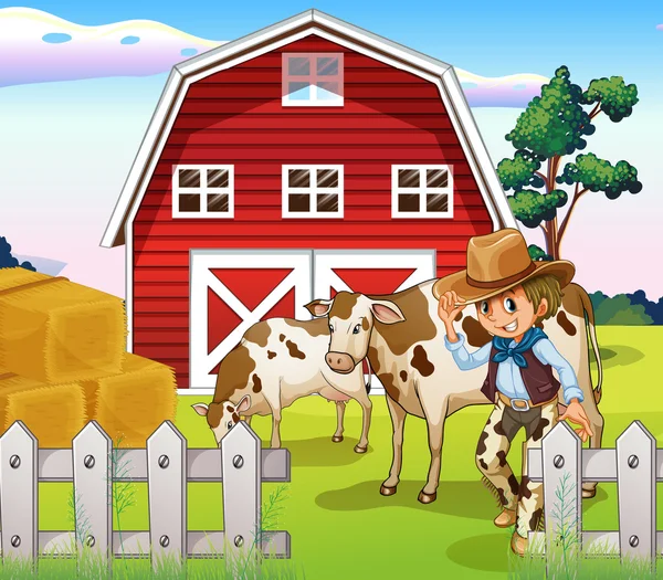 A cowboy inside the farm with cows and a barnhouse — Stock Vector