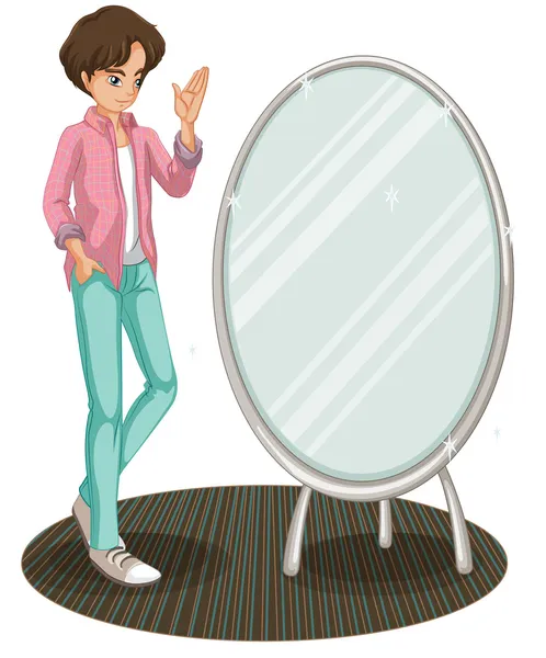 A sparkling mirror beside a fashionable young man — Stock Vector