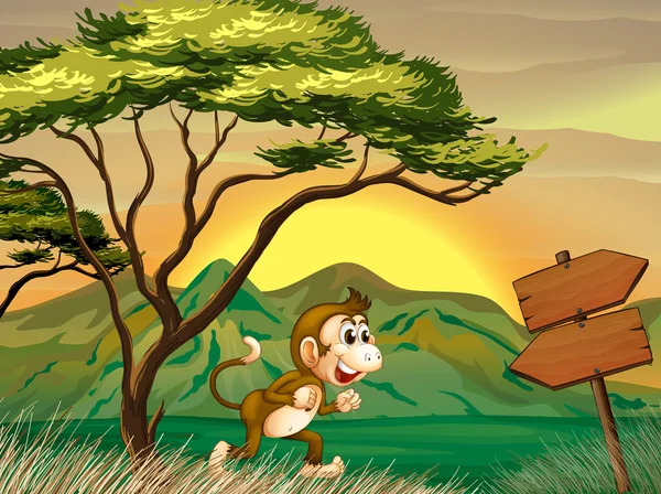 Um macaco correndo com uma placa de seta de madeira — Vetor de Stock