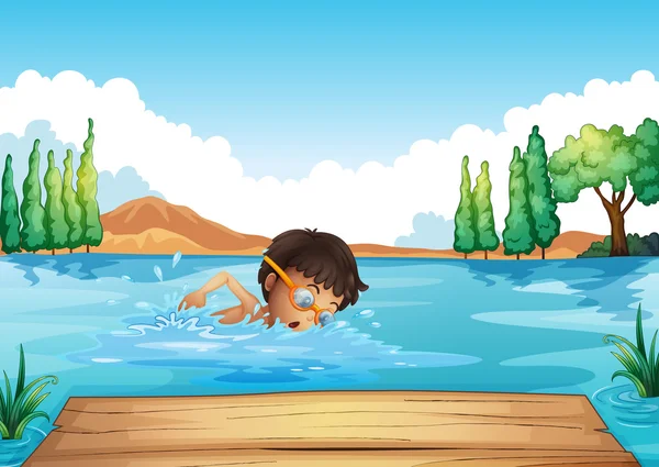 川で泳いでいる若い男 — ストックベクタ