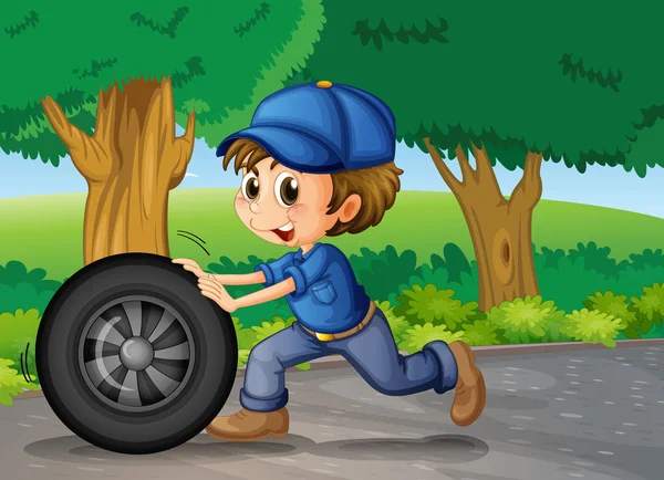 A boy wearing a cap pushing a wheel — Stock Vector