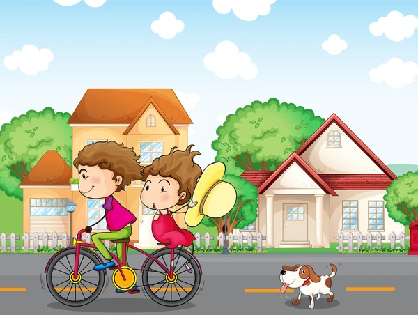 A boy and a girl biking followed by a dog — Stock Vector