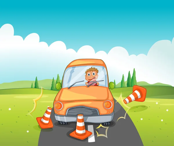 Trafik konileri darbeleme dikkatsiz sürücü — Stok Vektör