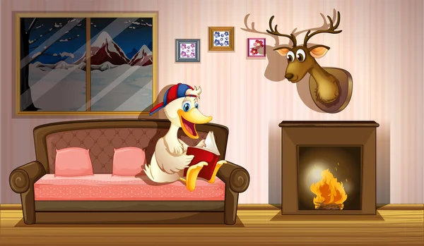 Un canard lisant un livre près d'une cheminée — Image vectorielle