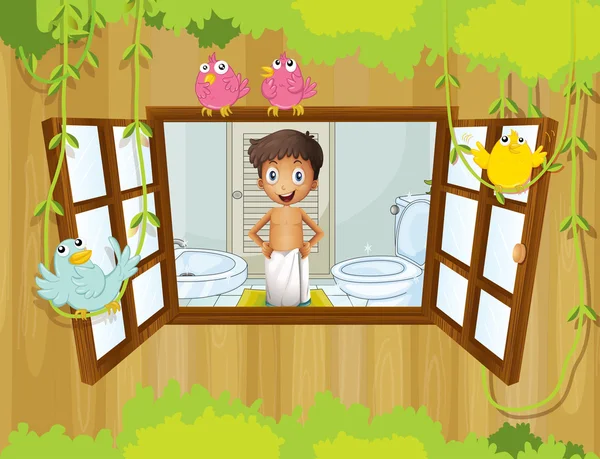 Un chico con una toalla dentro del baño — Vector de stock
