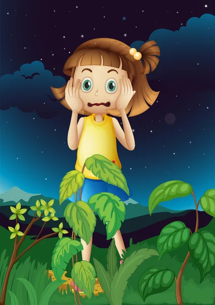 一个害怕的年轻女孩在森林 — 图库矢量图片