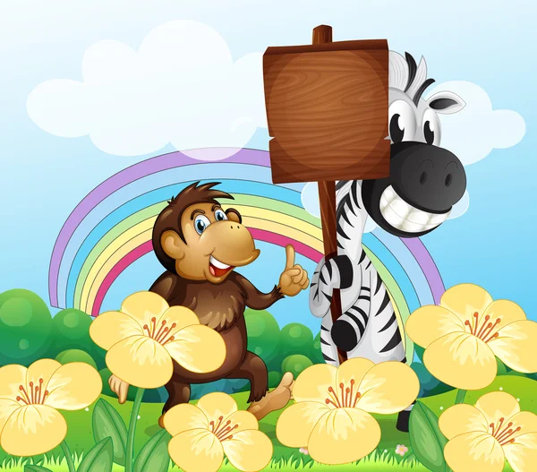 Um macaco e uma zebra no jardim com uma tábua vazia — Vetor de Stock