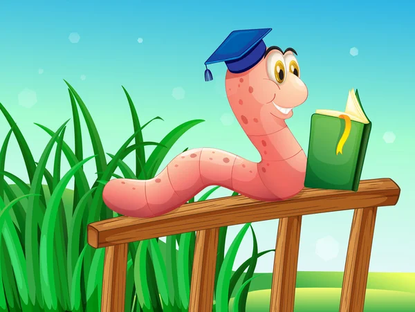 Een worm lezen van een boek boven het hek — Stockvector