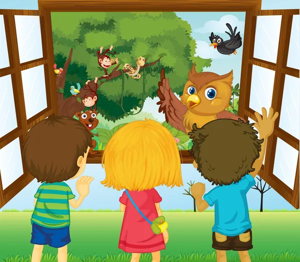 Drei Kinder beobachten die verschiedenen Tiere im Wald — Stockvektor