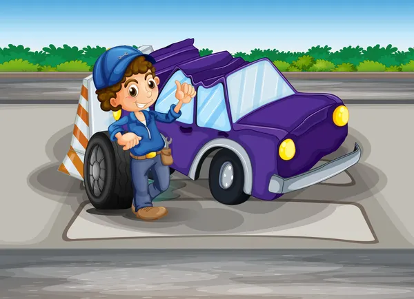 Μια πεζοδρομημένη λωρίδα με ένα σπασμένο αυτοκίνητο και ένα νεαρό αγόρι — Διανυσματικό Αρχείο