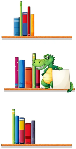 Bookshelves with an alligator holding an empty signboard — Stock Vector