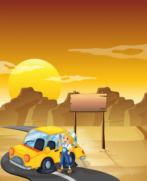 En pige, der reparerer den gule bil i ørkenen med en tom signboa – Stock-vektor