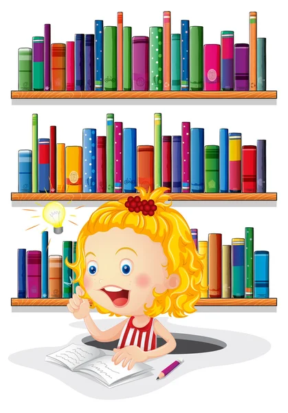 A girl studying in front of the bookshelves — Stock Vector