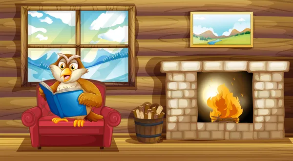 Uma coruja lendo um livro ao lado de uma lareira — Vetor de Stock