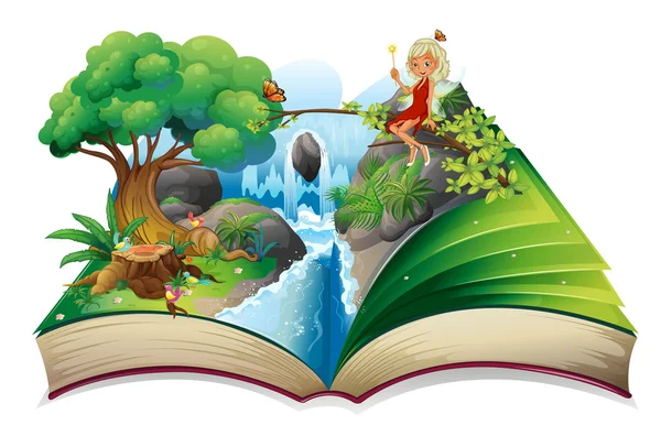 A storybook with an image of nature and a fairy — Stock Vector