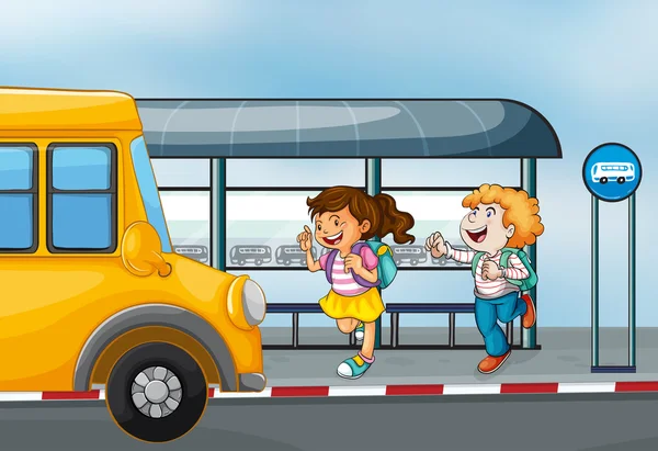Szczęśliwy pasażerów na przystanku autobusowego — Wektor stockowy