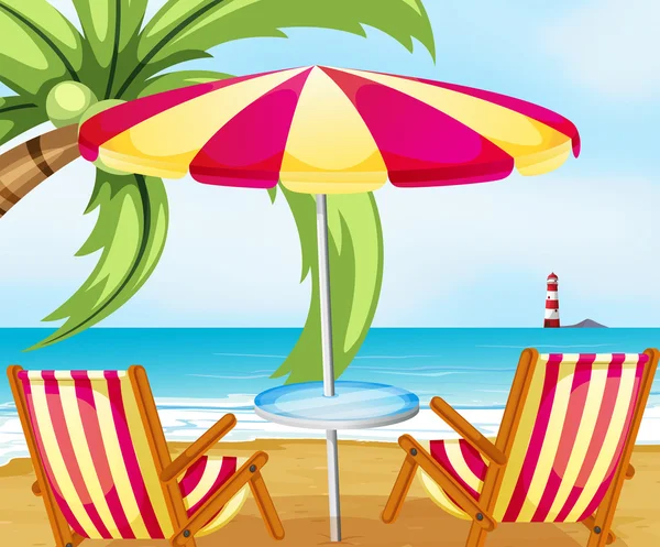 一把椅子和一把伞在海滩 — 图库矢量图片