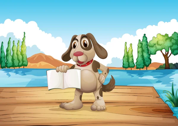 Un perro sosteniendo un libro vacío parado en el puerto — Vector de stock