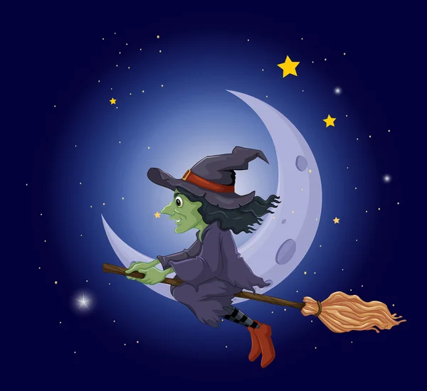 Eine Hexe, die auf einem Besenstiel reitet, der in der Nähe des Mondes schwebt — Stockvektor