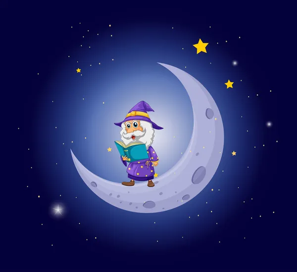 A wizard holding a book near the moon — Stock Vector