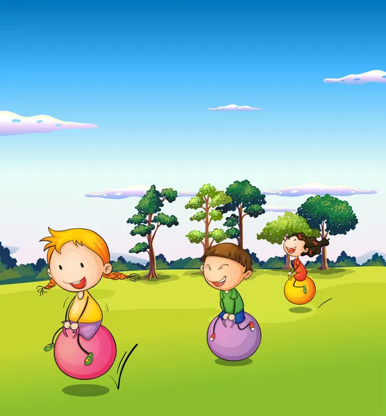 Tres niños jugando con las bolas rebotando — Vector de stock