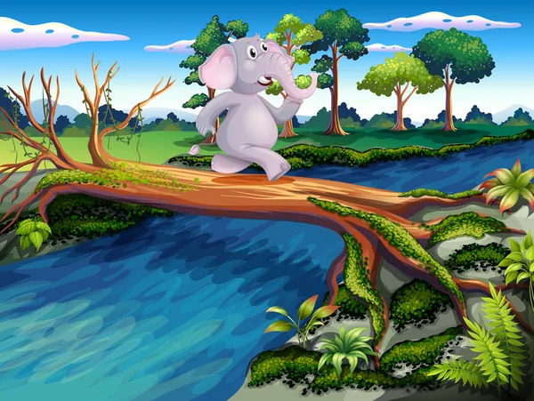 Un éléphant traversant un pont d'arbre — Image vectorielle