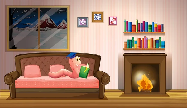 Un ver lisant un livre près de la cheminée — Image vectorielle